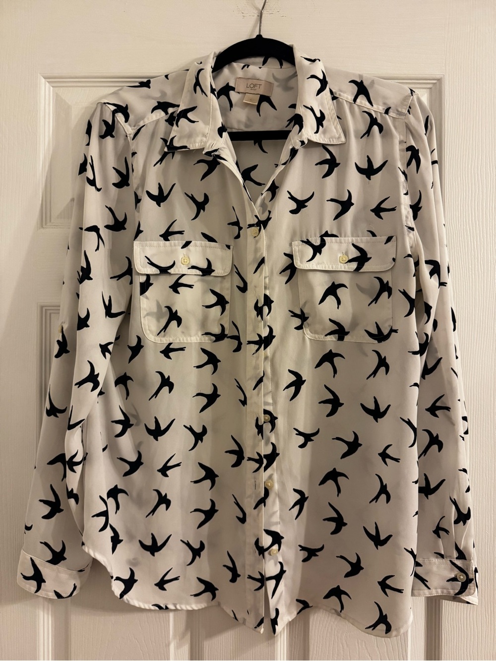 LOFT White Blouse with Black Bird Print